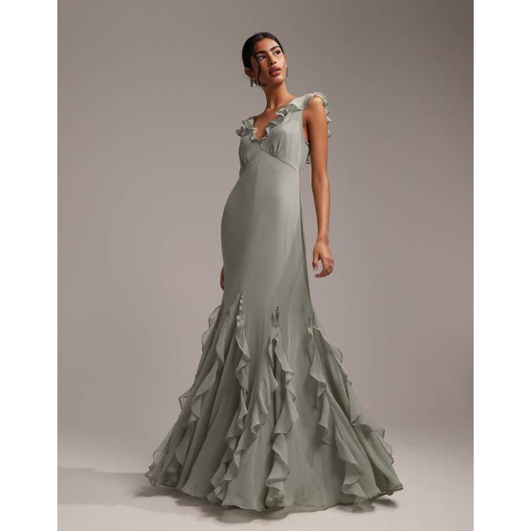 asos design bridesmaid pleated bodice maxi dress with flutter sleeve ASOS DESIGN flutter sleeve midi dress with pleat skirt in embroidery,  Silver/Lilac