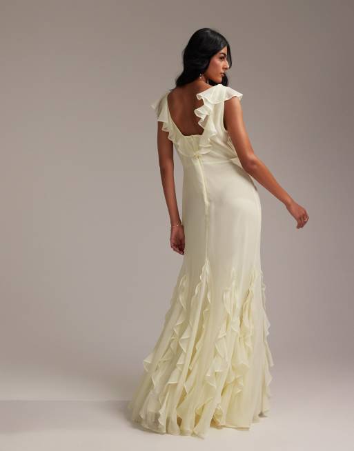 ASOS DESIGN Bridesmaids flutter sleeve bias maxi dress with godet frill hem in soft yellow, 3 of 5