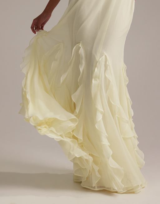 ASOS DESIGN Bridesmaids flutter sleeve bias maxi dress with godet frill hem in soft yellow, 4 of 5
