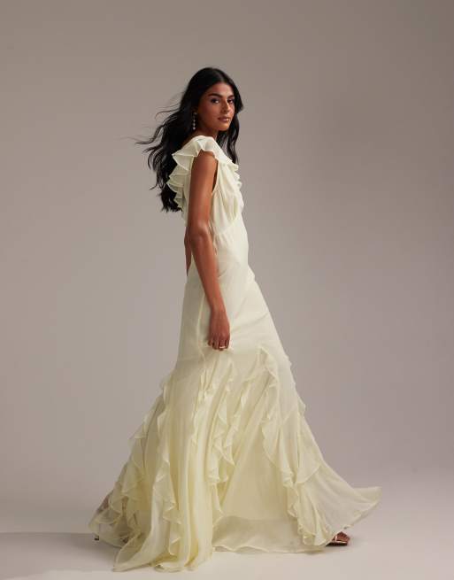 ASOS DESIGN Bridesmaids flutter sleeve bias maxi dress with godet frill hem in soft yellow, 5 of 5