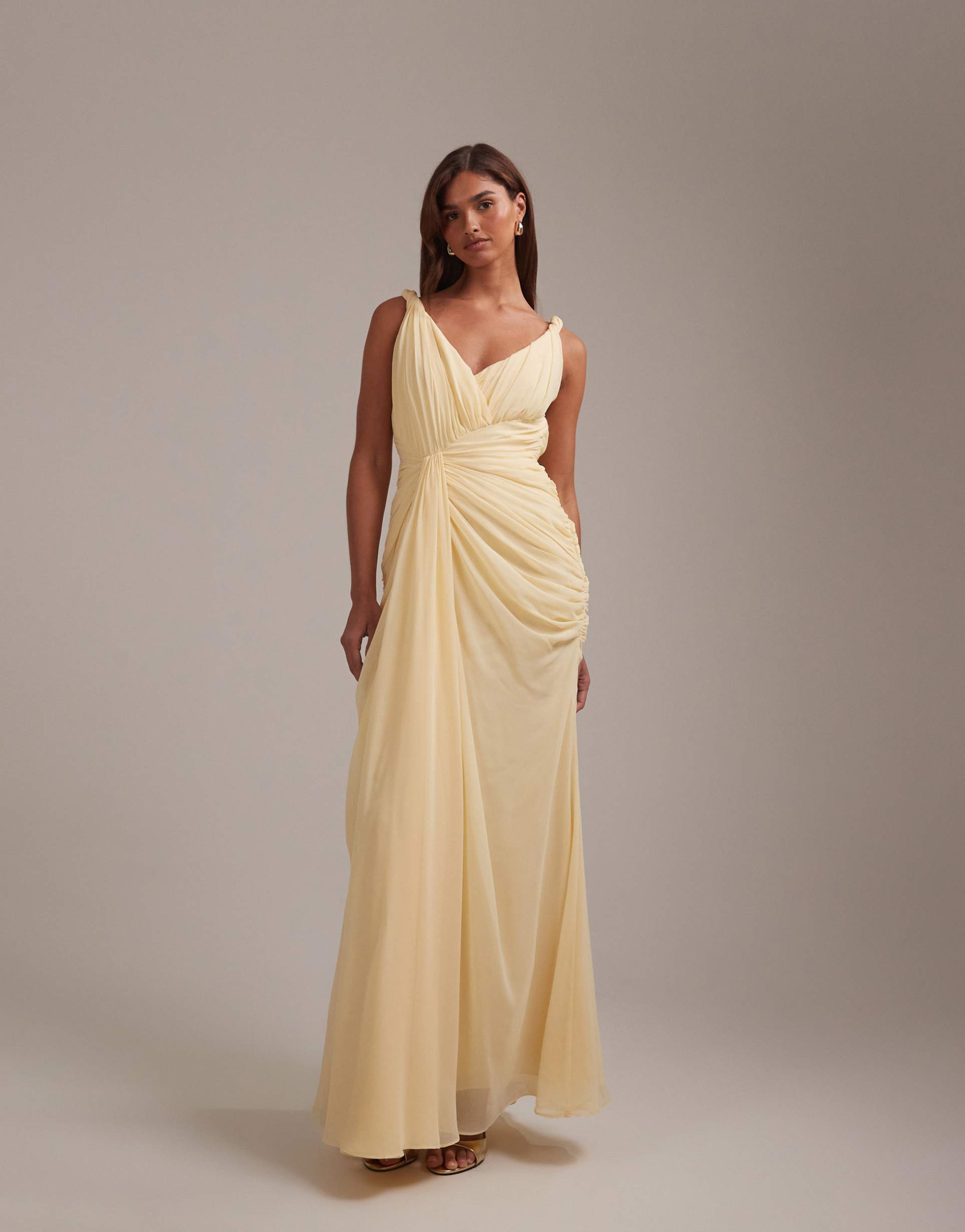asos design bridesmaids gathered twisted straps maxi dress in yellow