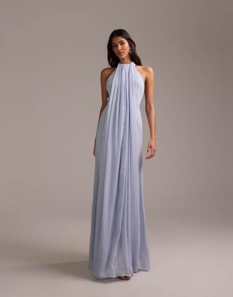 ASOS DESIGN Bridesmaids grecian draped halter maxi dress in blue - view 1