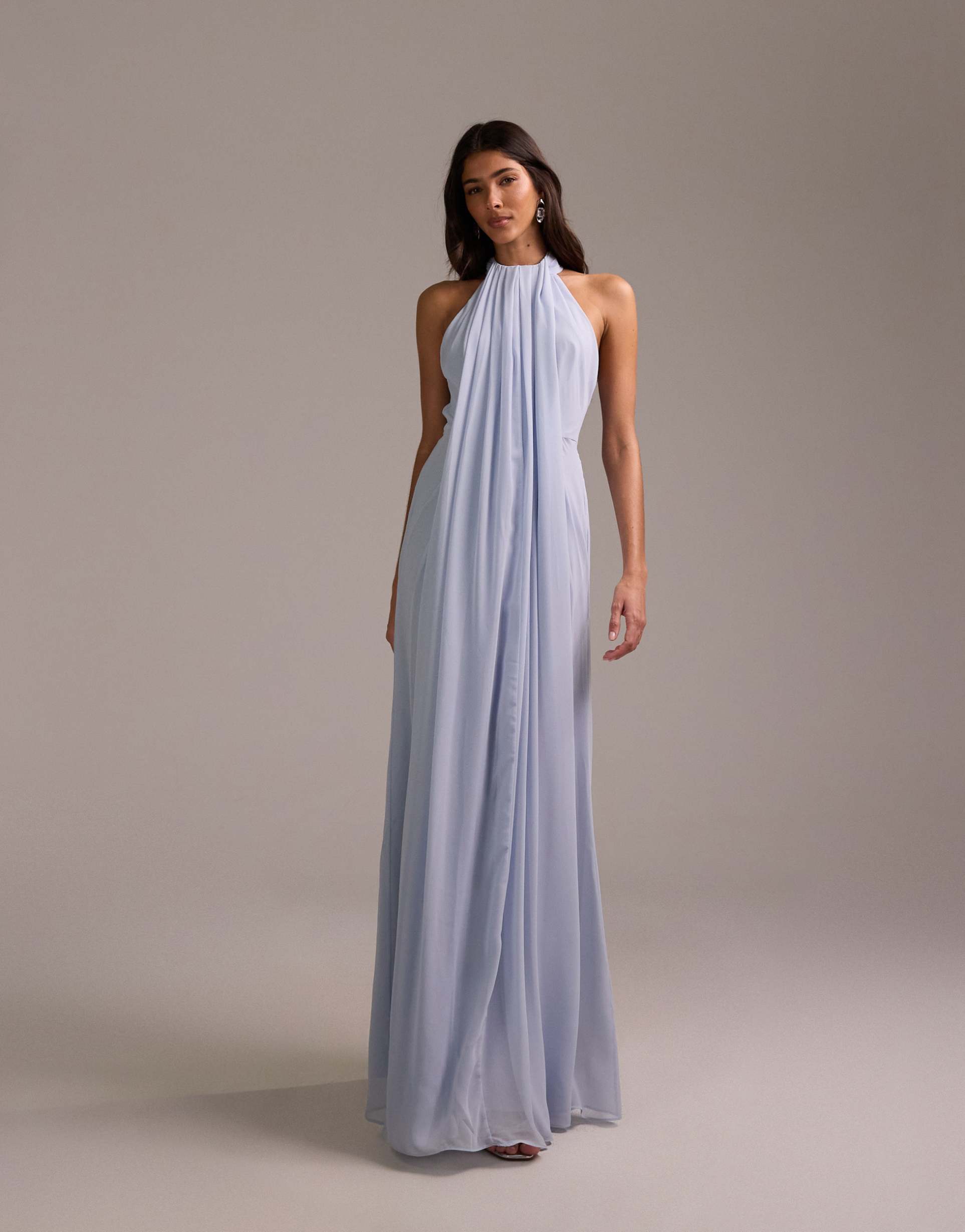 asos design bridesmaids grecian draped halter maxi dress in blue