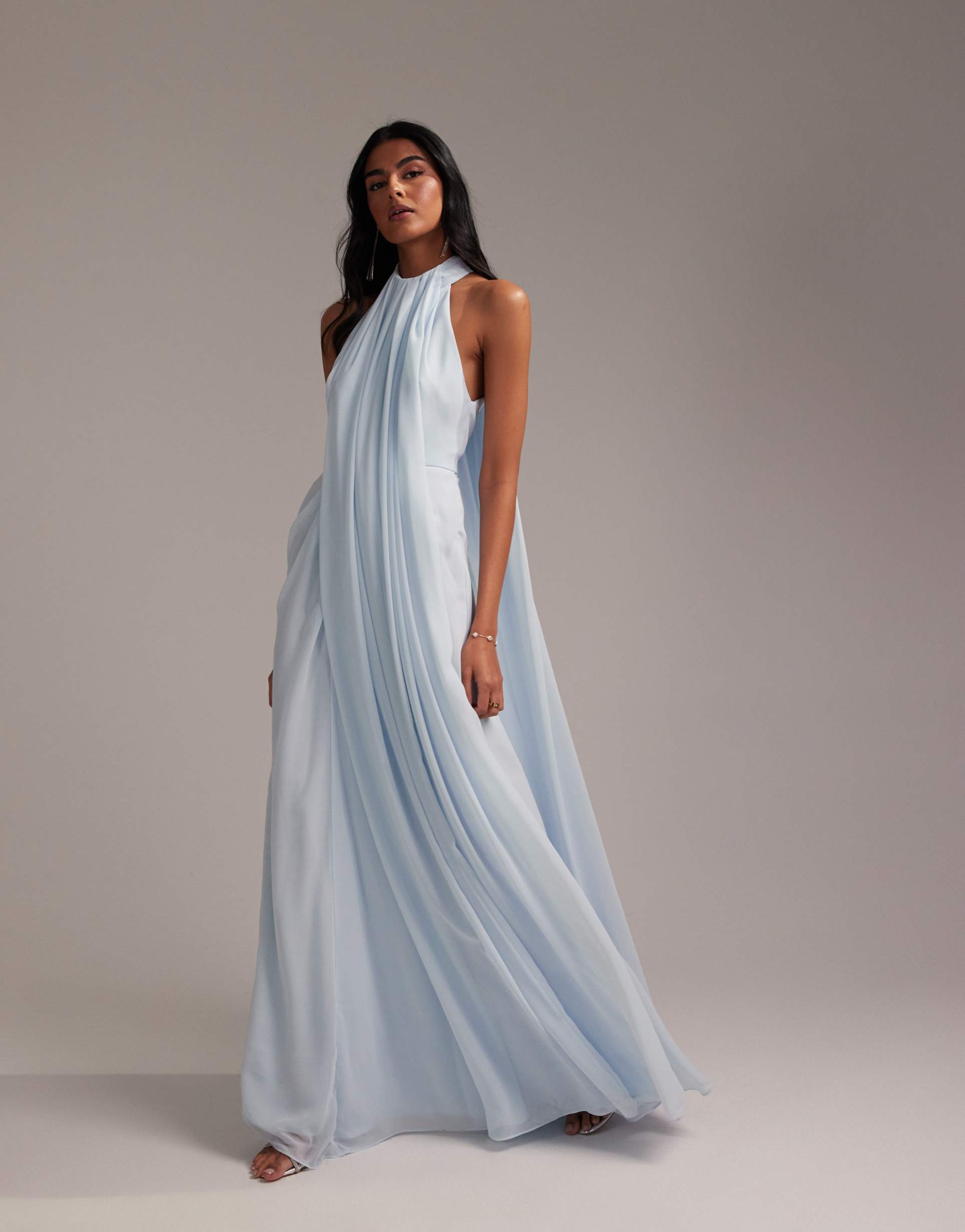 asos design bridesmaids grecian draped halter maxi dress in light blue