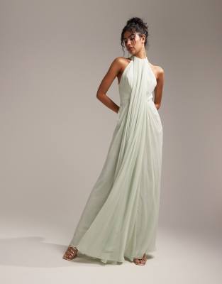 grecian style bridesmaid dresses uk ASOS DESIGN Bridesmaids draped halter maxi dress in sage green elegant look