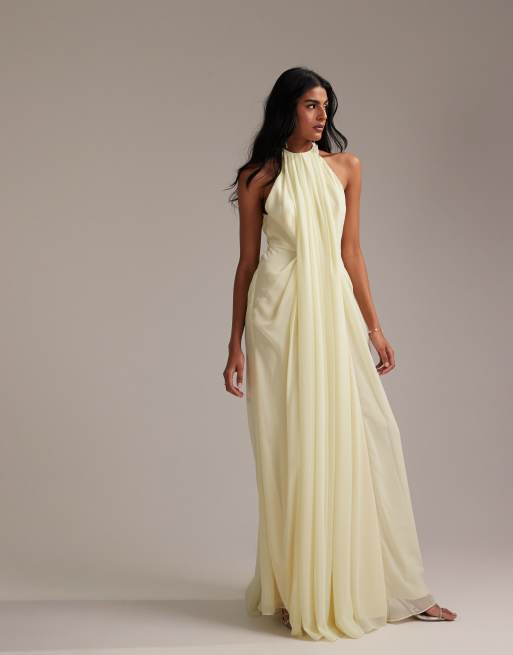 ASOS DESIGN Bridesmaids grecian draped halter maxi dress in soft yellow