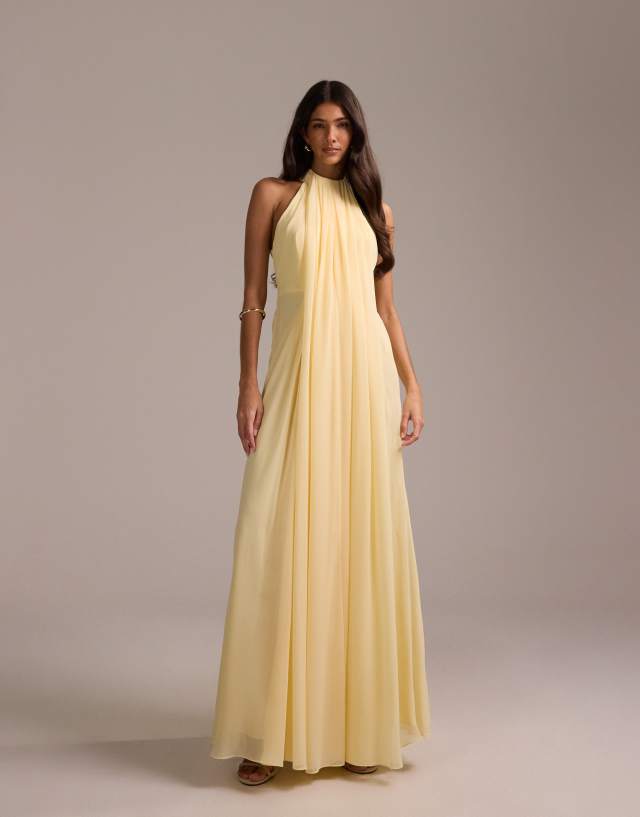 gold bridesmaid dresses asos DESIGN Bridesmaids grecian draped halter maxi dress in yellow Featuring an elegant Bardot casual_summer_dress Dusty Blue Lace Tulle color:light champagne