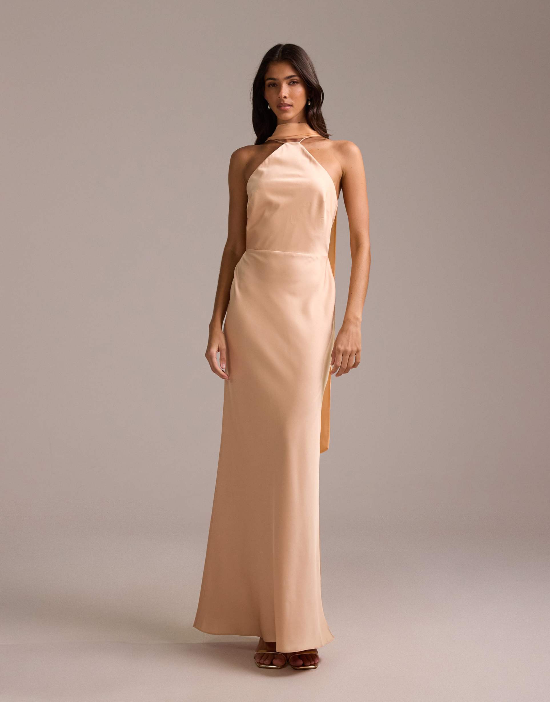 asos design bridesmaids halter neck satin maxi dress with scarf detail in apricot