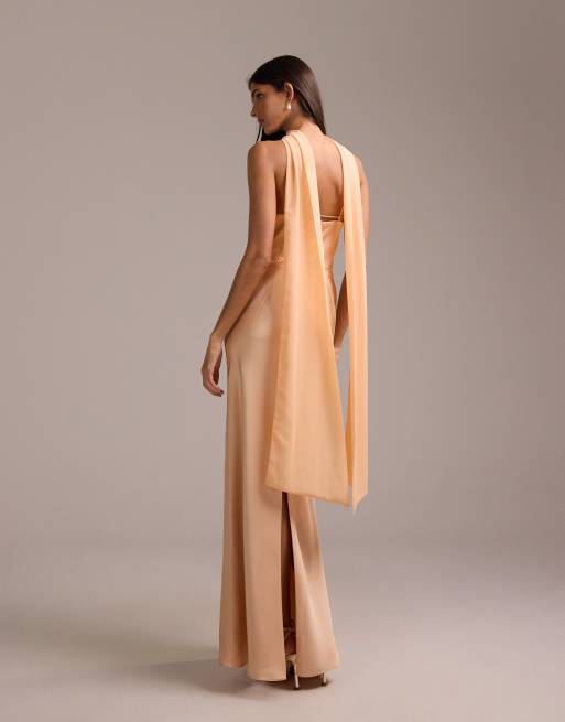 ASOS DESIGN bridesmaids halter neck satin maxi dress with scarf detail in  apricot | ASOS