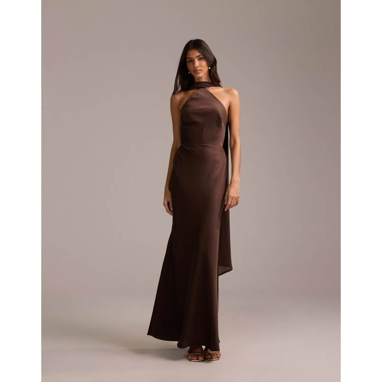 asos edition satin ruched halter neck maxi dress ASOS DESIGN Bridesmaid Curve satin ruched halter neck maxi dress in olive  green