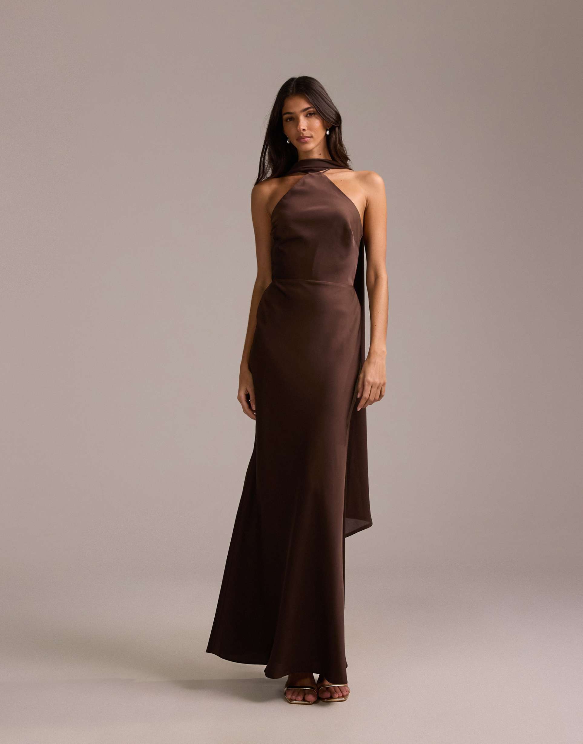 asos design bridesmaids halter neck satin maxi dress with scarf detail in chocolate