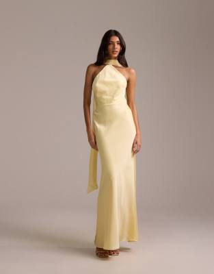 Asos Design Bridesmaids Halter Neck Satin Maxi Dress With Scarf Detail In Yellow