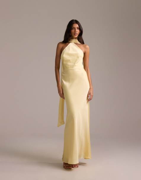 ASOS DESIGN bridesmaids halter neck satin maxi dress with scarf detail in lemon - view 1