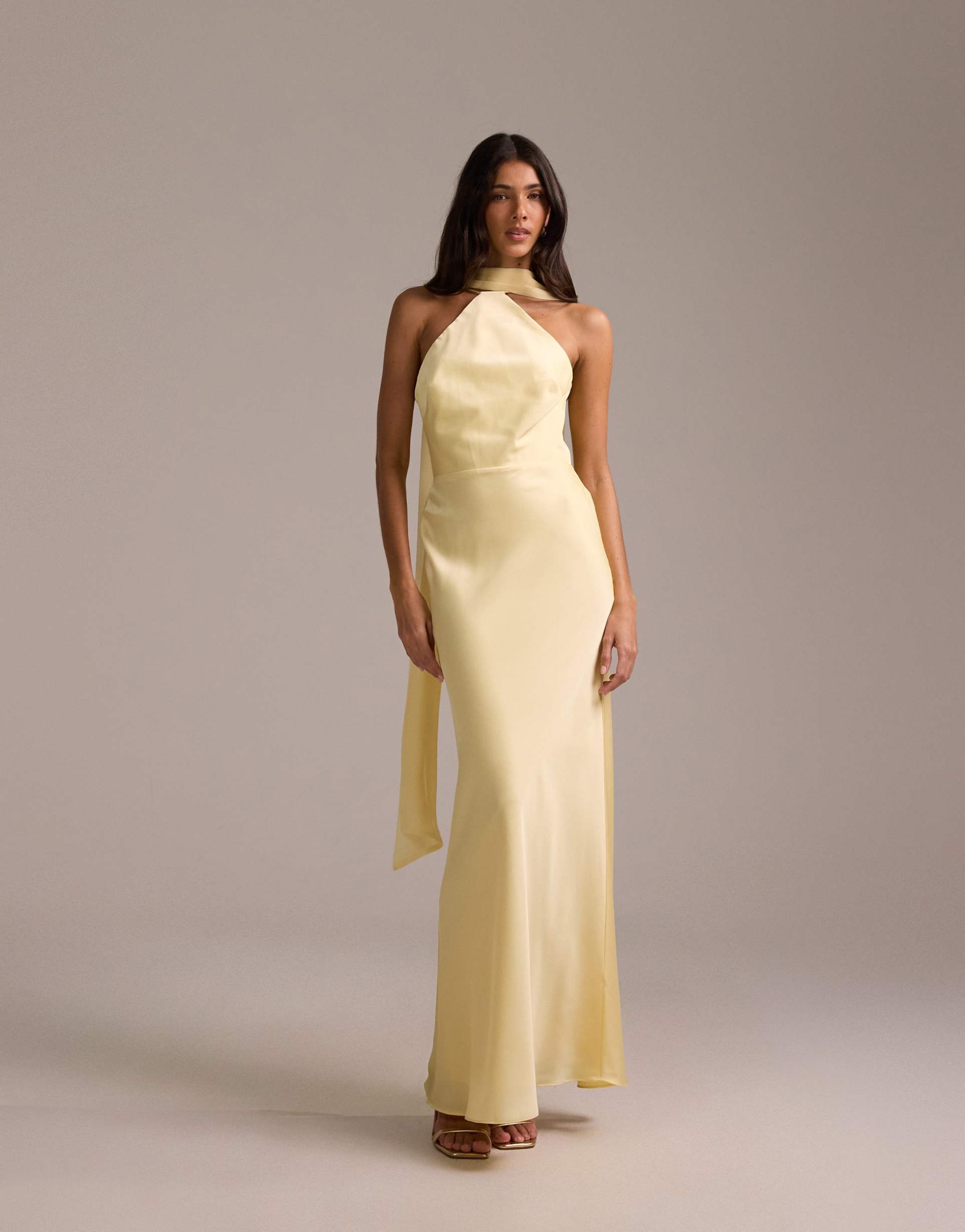 asos design bridesmaids halter neck satin maxi dress with scarf detail in lemon