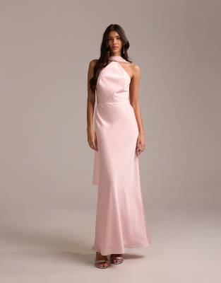 Asos Design Bridesmaids Halter Neck Satin Maxi Dress With Scarf Detail In Pink