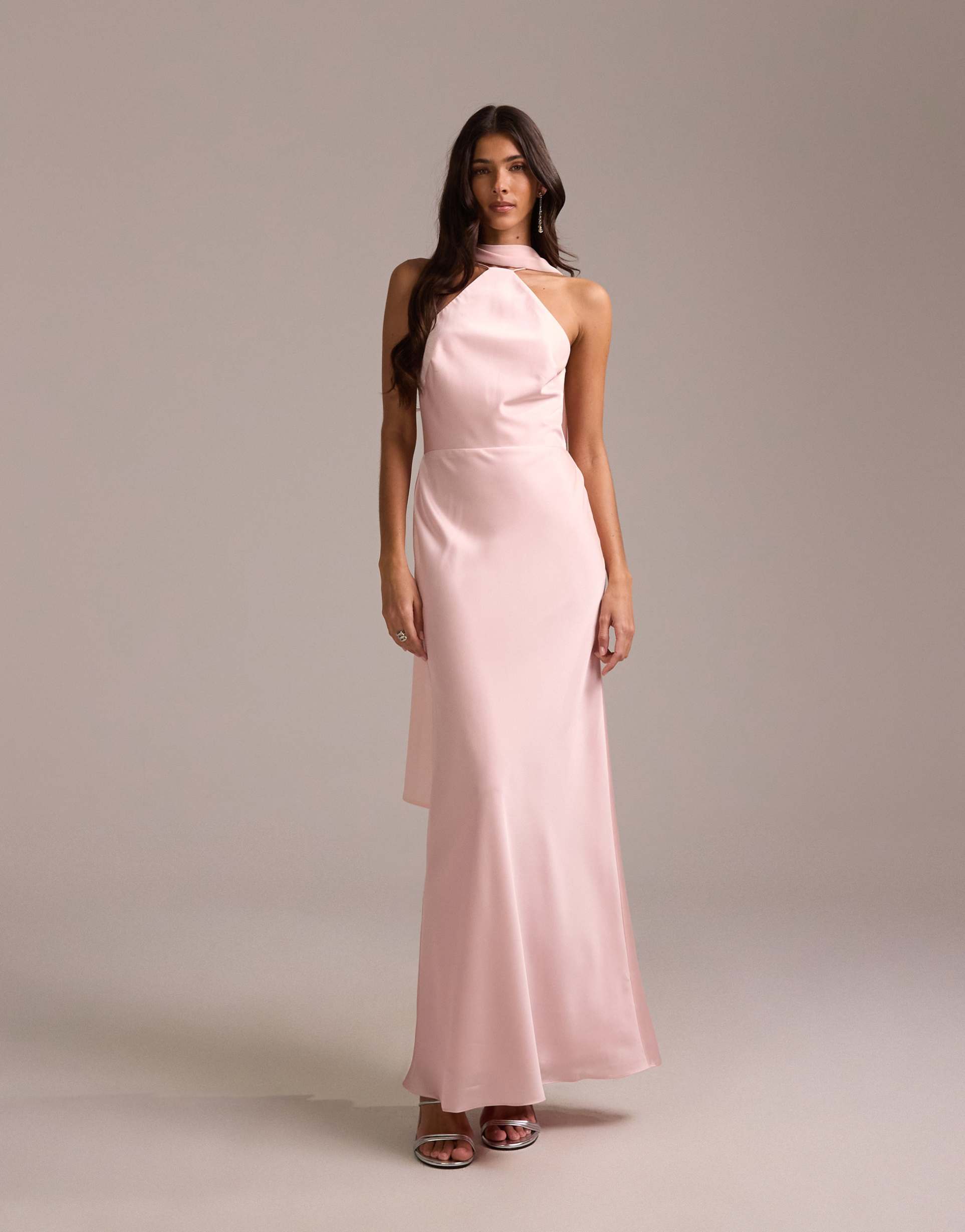 asos design bridesmaids halter neck satin maxi dress with scarf detail in pink