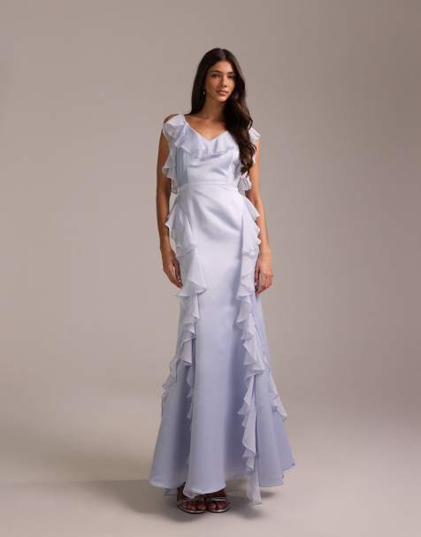 ASOS DESIGN bridesmaids high neck satin maxi dress with chiffon ruffles in blue - view 1
