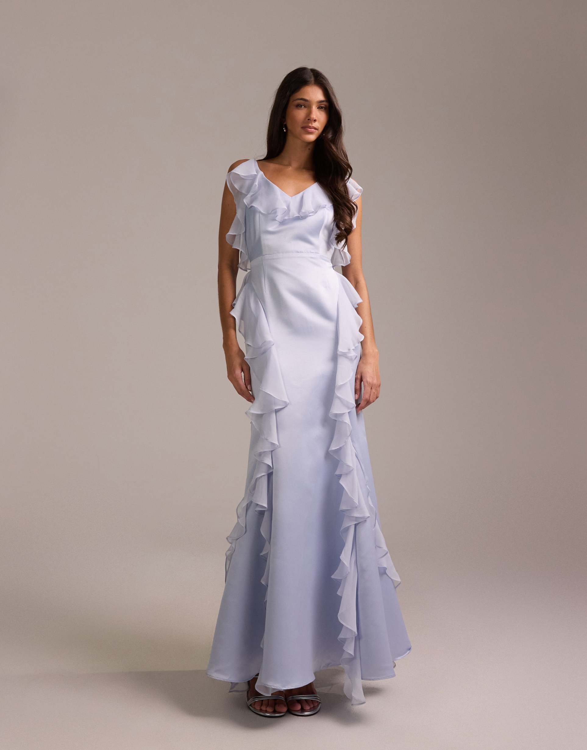 asos design bridesmaids high neck satin maxi dress with chiffon ruffles in blue
