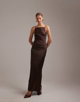 Asos Design Bridesmaids High Neck Tie Strap Column Maxi Dress In Brown