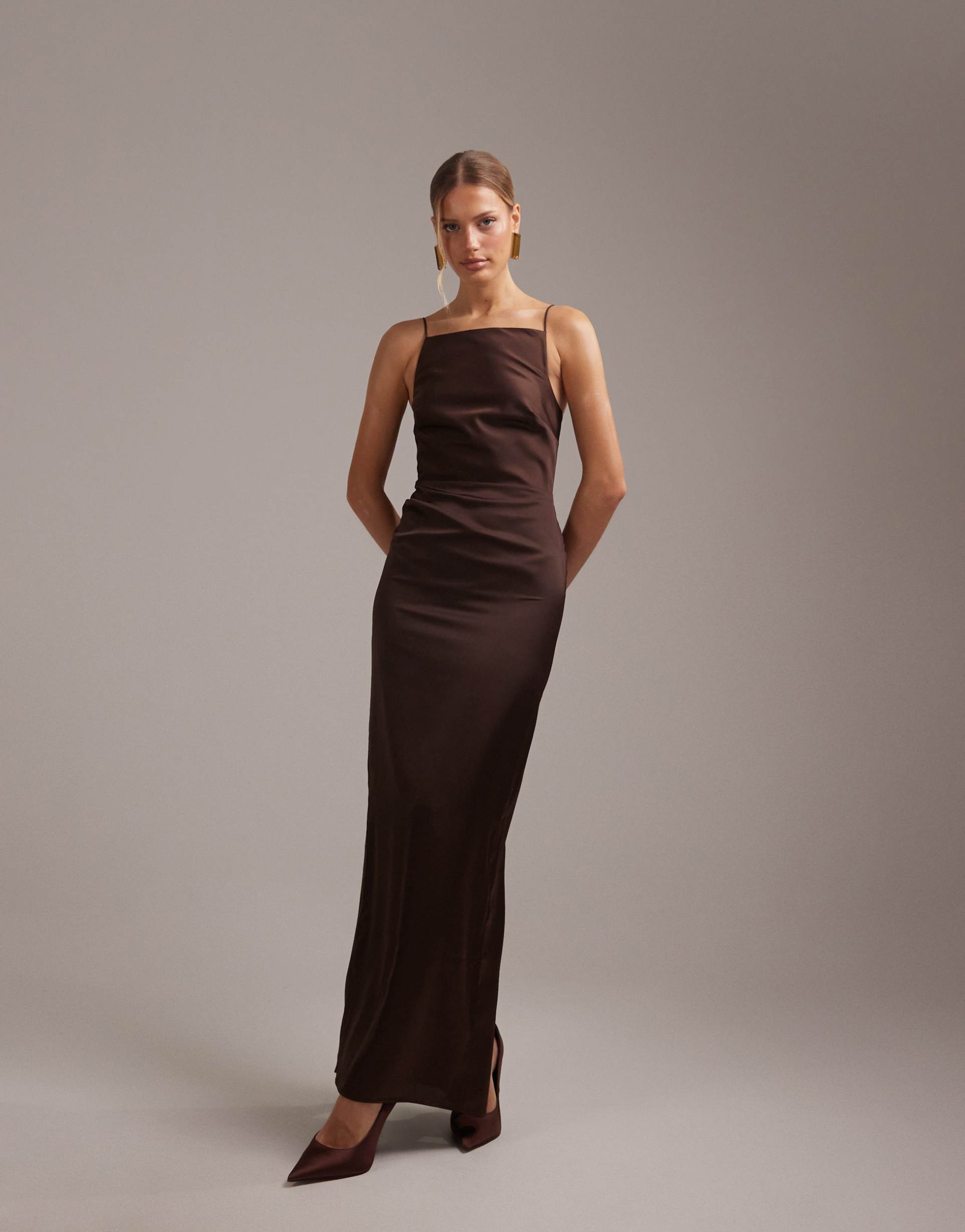 asos design bridesmaids high neck tie strap column maxi dress in chocolate