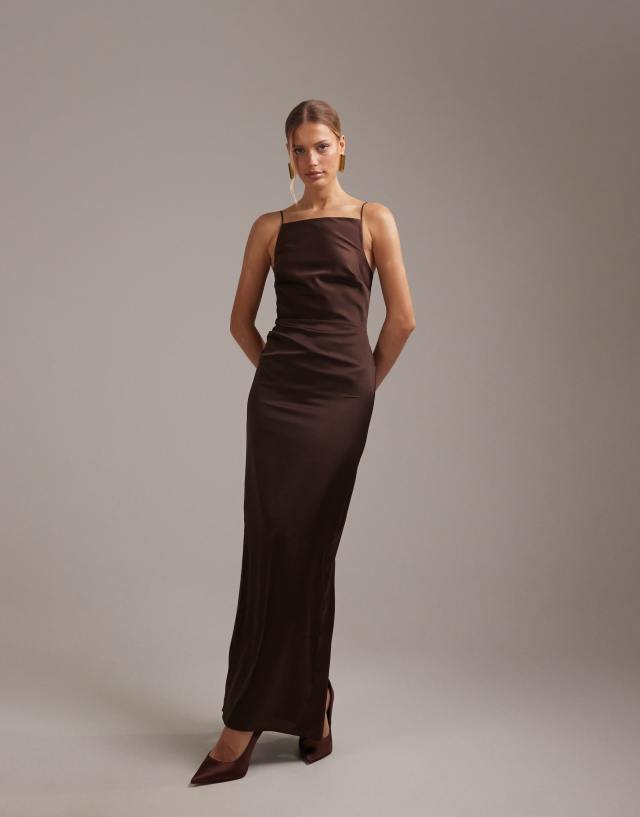 ASOS DESIGN bridesmaids high neck tie strap column maxi dress in chocolate