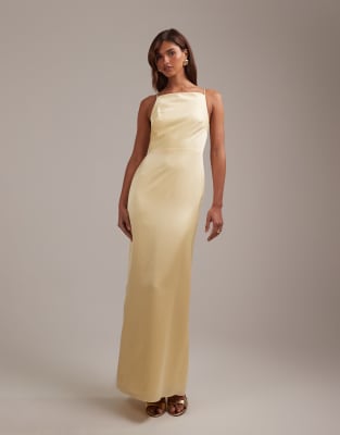 Asos Design Bridesmaids High Neck Tie Strap Column Maxi Dress In Yellow