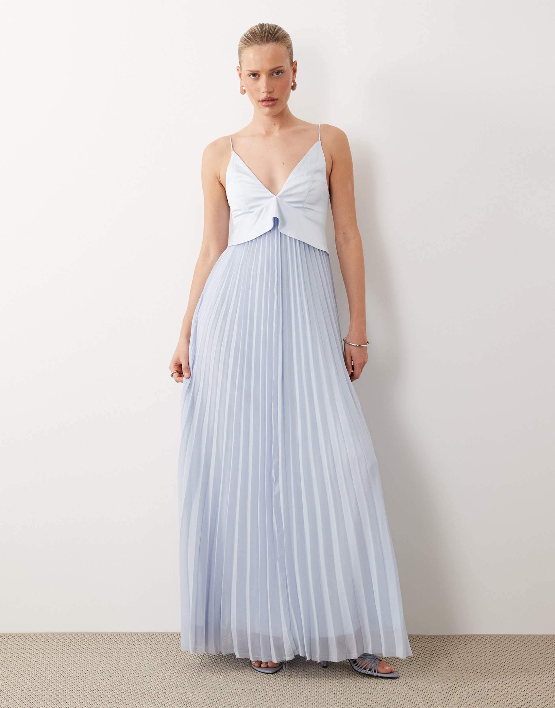 asos design bridesmaids hybrid cami maxi dress with pleat skirt in blue