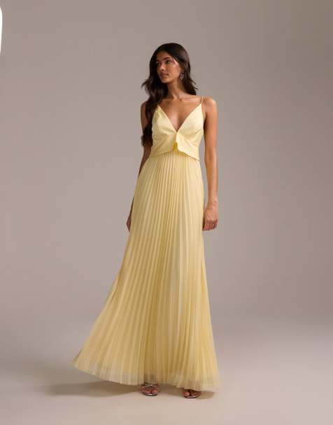 ASOS DESIGN bridesmaids hybrid cami maxi dress with pleat skirt in lemon