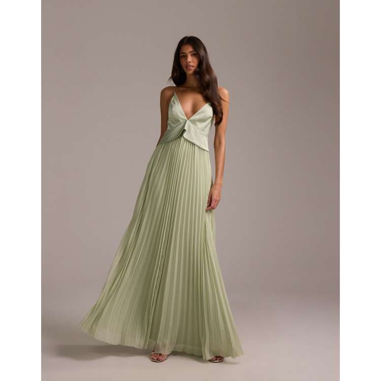 dark green bridesmaid dresses asos ASOS DESIGN bridesmaids hybrid cami maxi dress with pleat skirt in sage  green