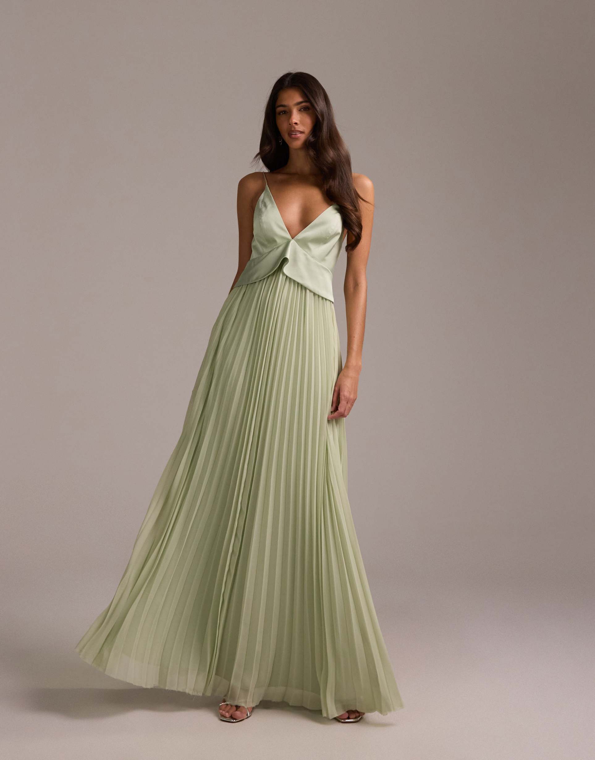 asos design bridesmaids hybrid cami maxi dress with pleat skirt in sage green