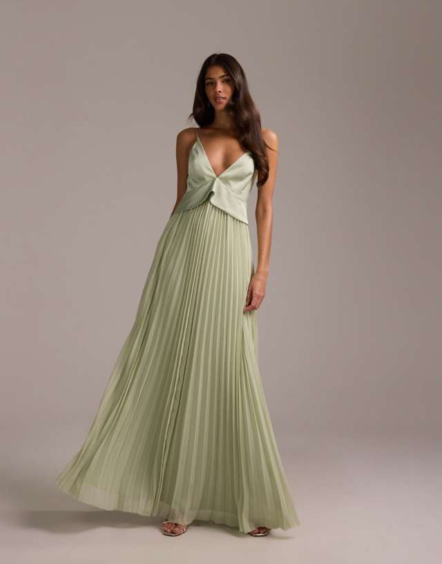 asos bridesmaid dresses plus size DESIGN bridesmaids hybrid cami maxi dress with pleat skirt in sage green Clodeeu Women's Halter Sleeveless Sep26-Dress Pattern Selection:Red and yellow flower