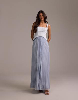 Asos Design Bridesmaids Hybrid Maxi Dress With Pleated Full Skirt In Blue