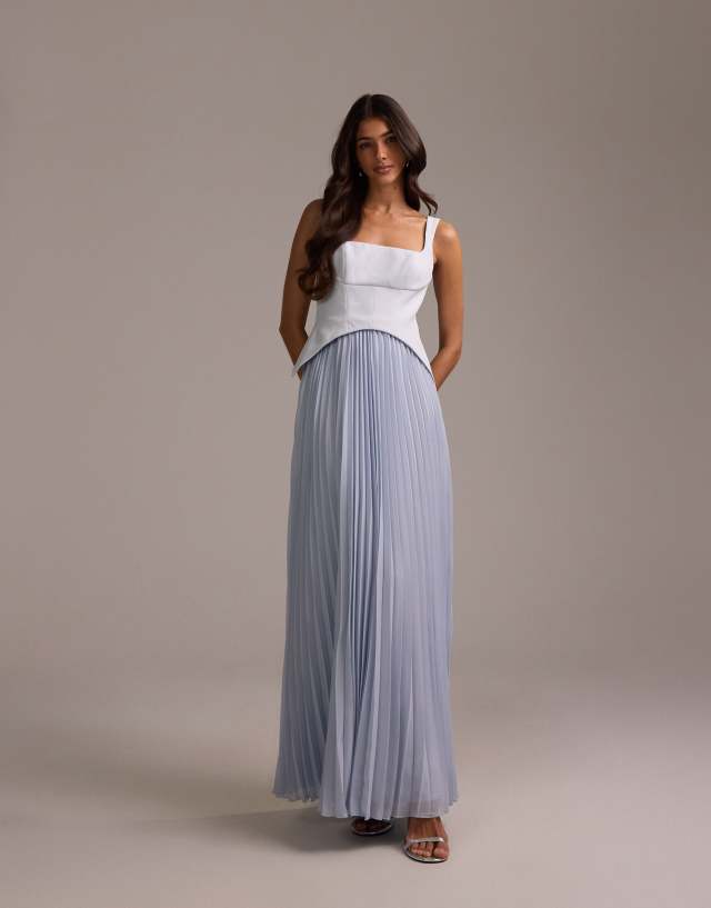 bridesmaid dresses uk asos DESIGN bridesmaids hybrid maxi dress with pleated full skirt in blue women's party outfits Elegant Black Church Dresses Size:Uk 14