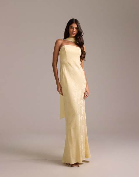 ASOS DESIGN bridesmaids jacquard cami dress with scarf in pale yellow - view 1