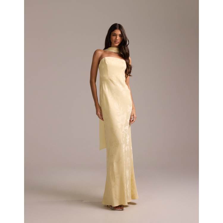 gold bridesmaid dresses asos ASOS DESIGN Bridesmaids grecian draped halter maxi dress in yellow