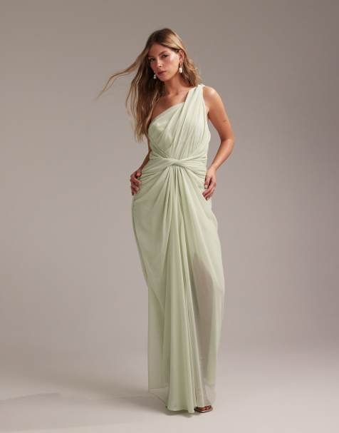 ASOS DESIGN Bridesmaids – Jasnozielona drapowana sukienka maxi na jedno ramię z węzłem - view 1