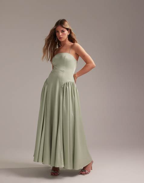 ASOS DESIGN Bridesmaids drop waist tie detail cami midaxi dress in light green
