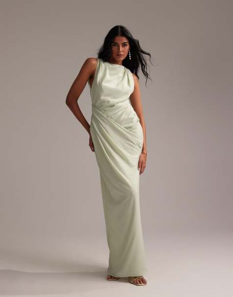 ASOS DESIGN Bridesmaids – Jasnozielona sukienka maxi z krepy z drapowanym wierzchem - view 1
