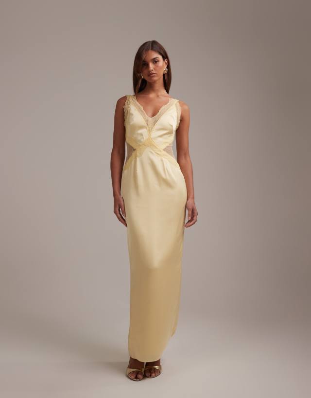 pale yellow lace bridesmaid dresses ASOS DESIGN Bridesmaids appliqué maxi dress in Size:US16/UK20 Zipper Closure Features purple prom dress Sunnyshic Navy Blue Polka