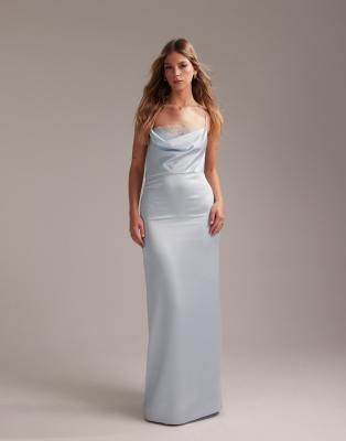 Asos Design Bridesmaids Lace Detail Column Satin Maxi Dress In Light Blue