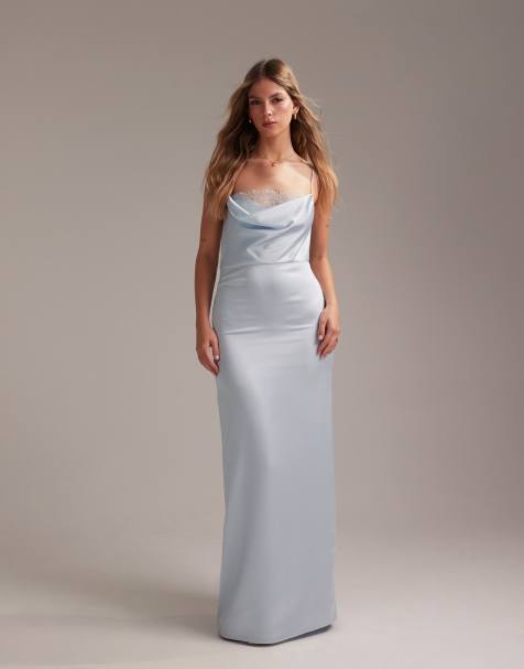 ASOS DESIGN Bridesmaids lace detail column satin maxi dress in light blue - view 1