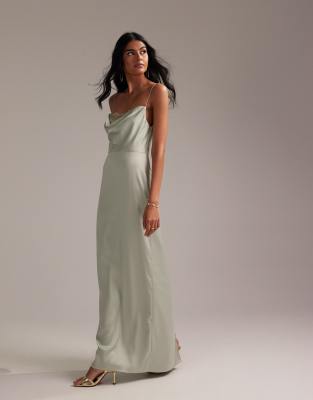 Asos Design Bridesmaids Lace Detail Column Satin Maxi Dress In Light Green