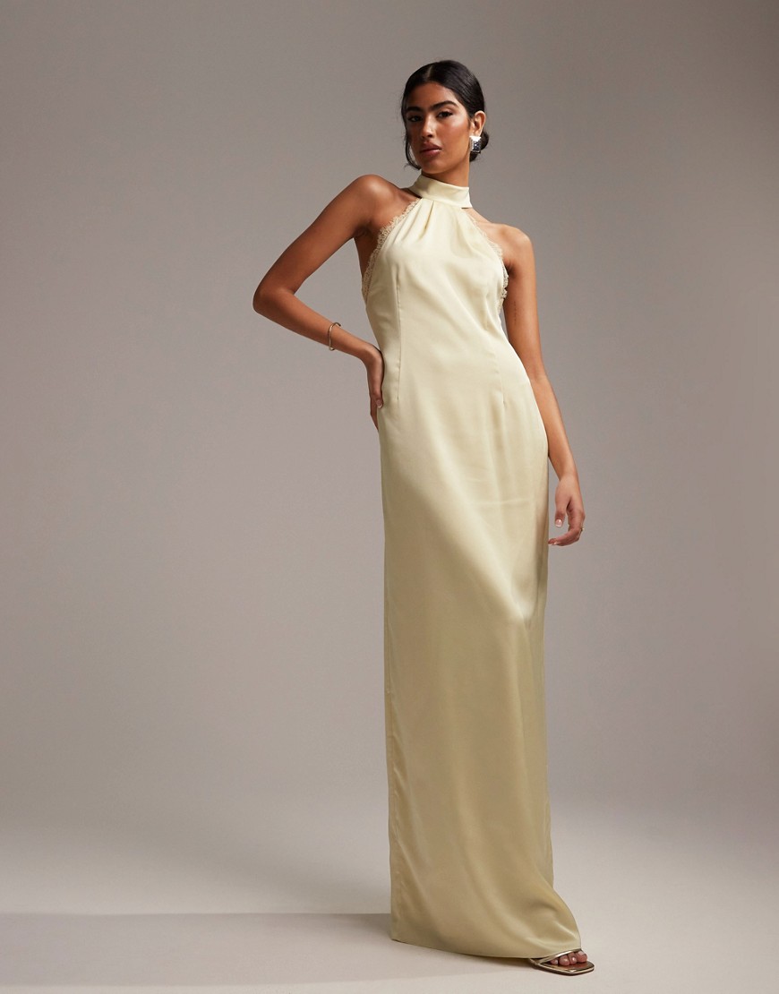 Asos Design Bridesmaids Lace Detail Halter Column Maxi Dress In Pastel Yellow