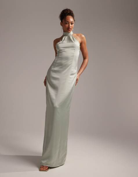 ASOS DESIGN Bridesmaids lace detail halter column maxi dress in sage green - view 1