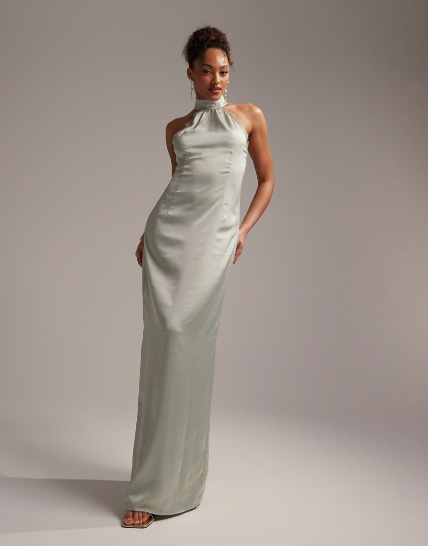 ASOS DESIGN Bridesmaids lace detail halter column maxi dress in sage green