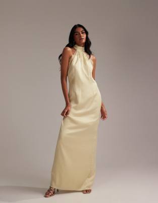 asos ASOS DESIGN Bridesmaids lace detail halter column maxi dress in soft yellow