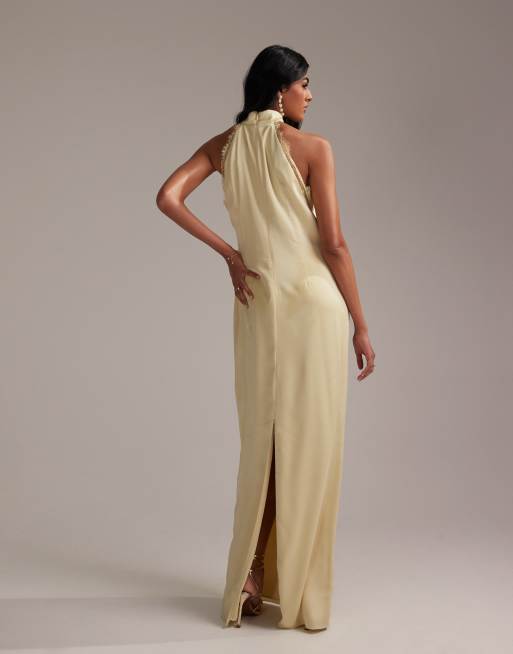 ASOS DESIGN Bridesmaids lace detail halter column maxi dress in soft yellow