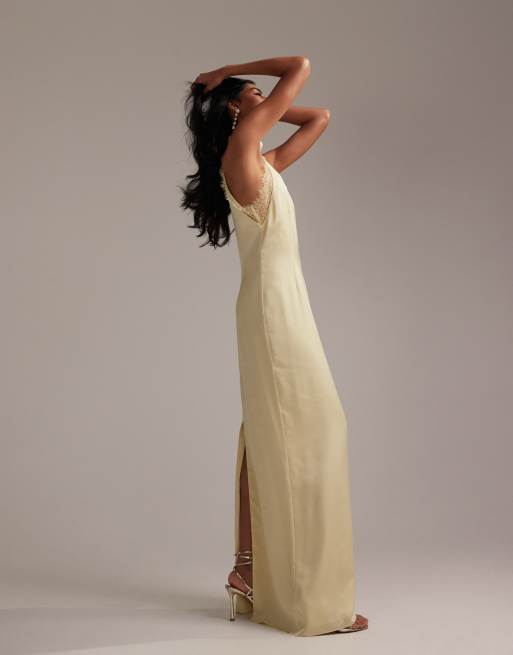 ASOS DESIGN Bridesmaids lace detail halter column maxi dress in soft yellow