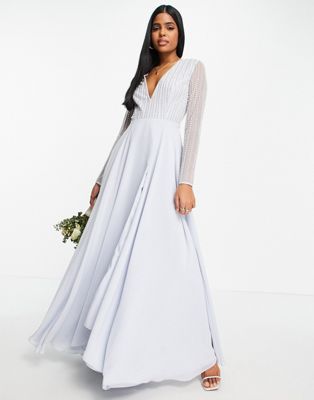 ASOS DESIGN Bridesmaids linear embellished bodice maxi dress with wrap skirt in Blue
