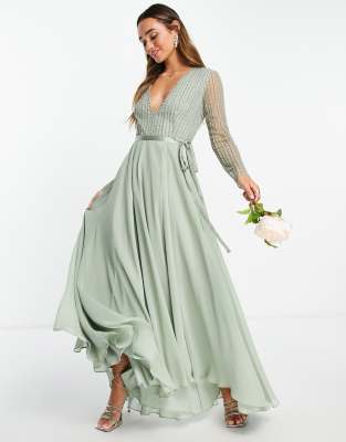 ASOS DESIGN Bridesmaids linear embellished bodice maxi dress with wrap skirt-Green